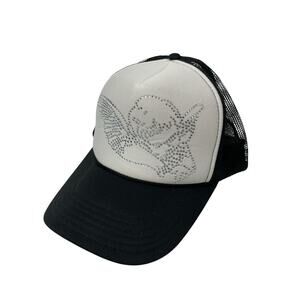 Otto Unisex White Black Angel Rhinestone Mesh Back Snapback Trucker Cap Hat OS